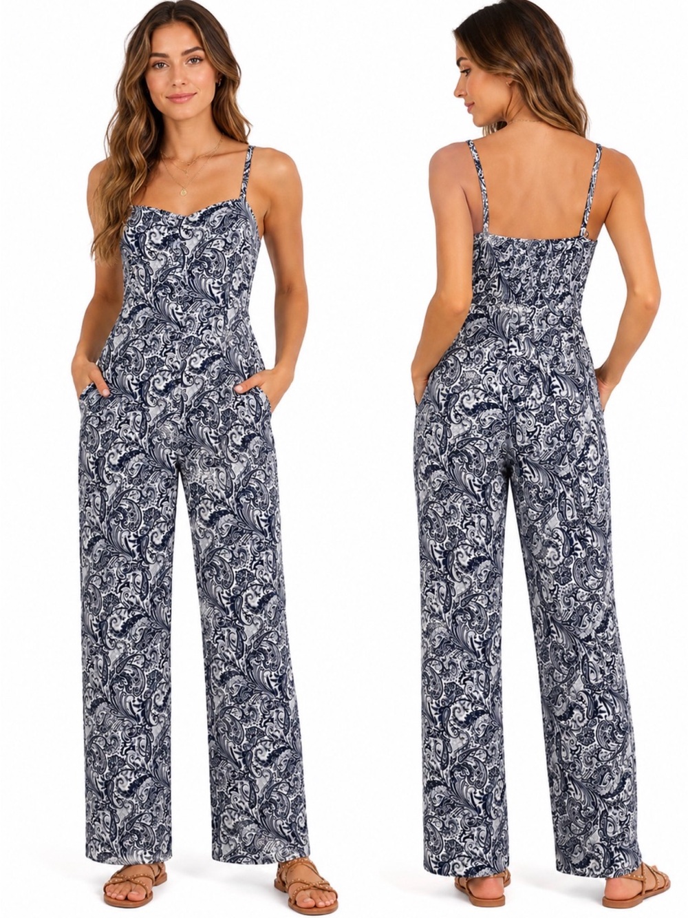 NWOT Essentials XL Paisley Wide Leg Jumpsuit | Sleeveless| Pockets Navy & White